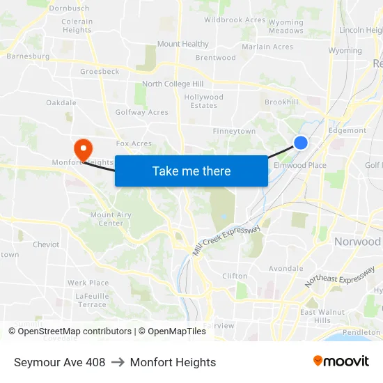 Seymour Ave 408 to Monfort Heights map