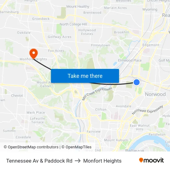 Tennessee Av & Paddock Rd to Monfort Heights map