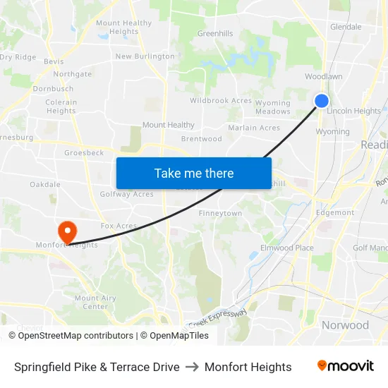 Springfield Pike & Terrace Drive to Monfort Heights map