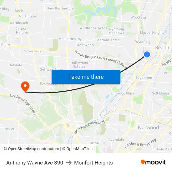 Anthony Wayne Ave 390 to Monfort Heights map