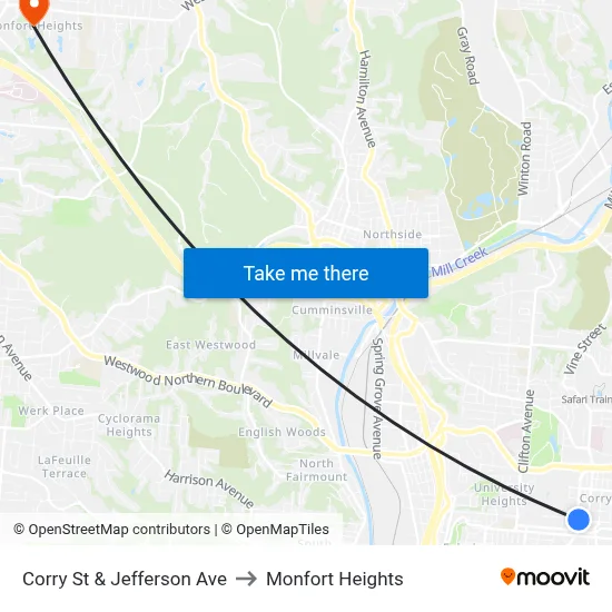 Corry St & Jefferson Ave to Monfort Heights map