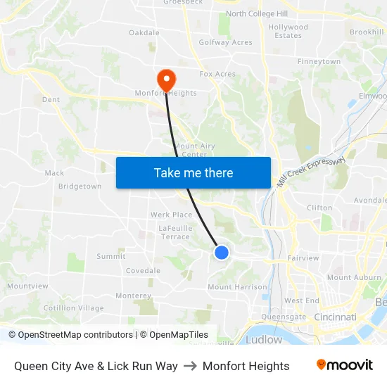 Queen City Ave & Lick Run Way to Monfort Heights map