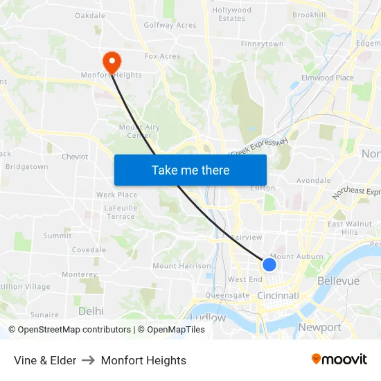 Vine & Elder to Monfort Heights map
