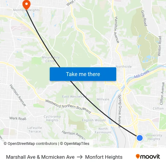 Marshall Ave & Mcmicken Ave to Monfort Heights map