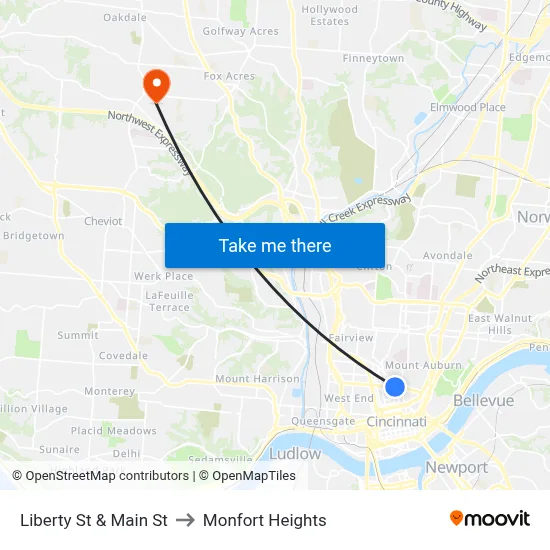 Liberty St & Main St to Monfort Heights map