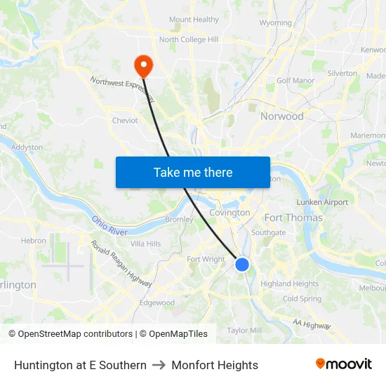 Huntington at E Southern to Monfort Heights map