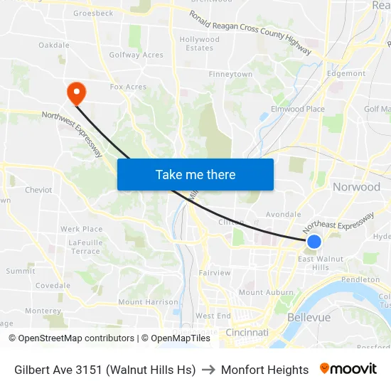 Gilbert Ave 3151 (Walnut Hills Hs) to Monfort Heights map
