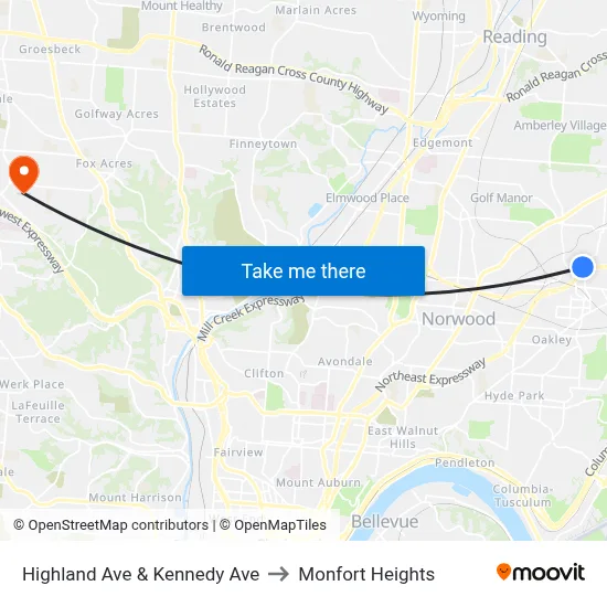 Highland Ave & Kennedy Ave to Monfort Heights map