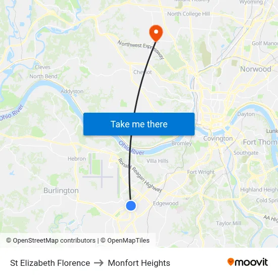 St Elizabeth Florence to Monfort Heights map