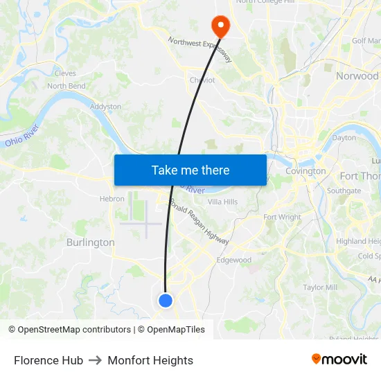 Florence Hub to Monfort Heights map