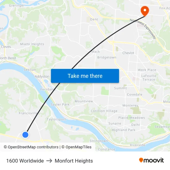 1600 Worldwide to Monfort Heights map