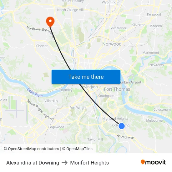 Alexandria at Downing to Monfort Heights map