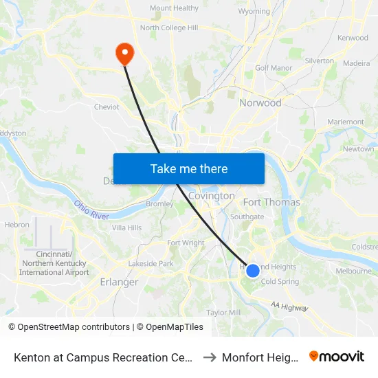Kenton at Campus Recreation Center to Monfort Heights map