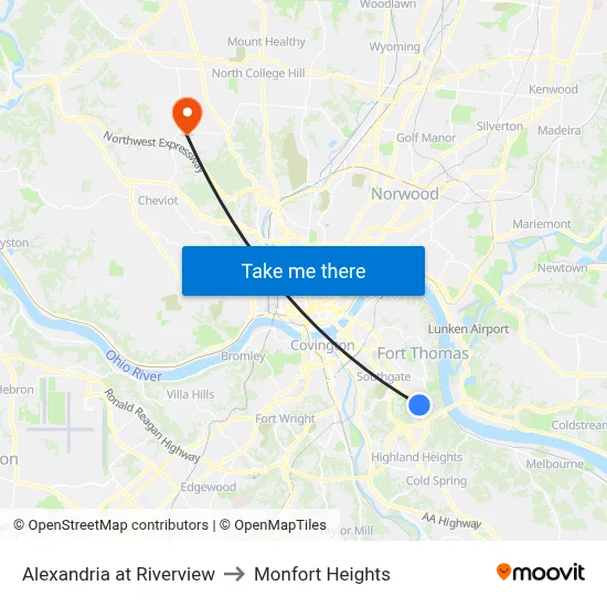 Alexandria at Riverview to Monfort Heights map