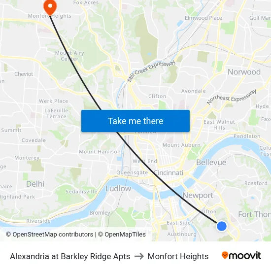 Alexandria at Barkley Ridge Apts to Monfort Heights map