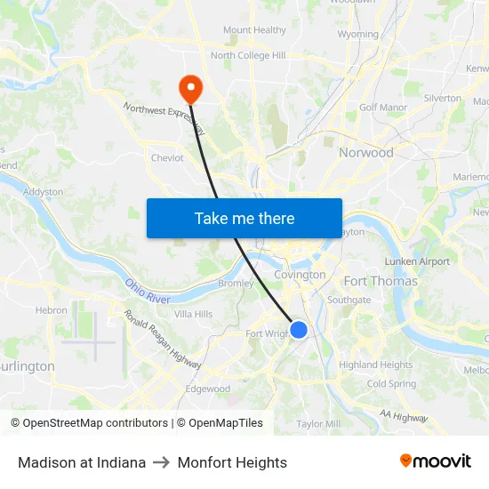Madison at Indiana to Monfort Heights map