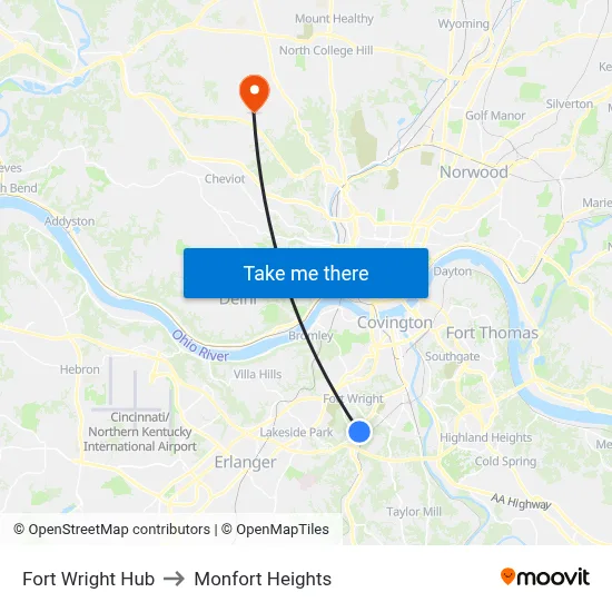 Fort Wright Hub to Monfort Heights map
