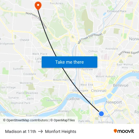 Madison at 11th to Monfort Heights map