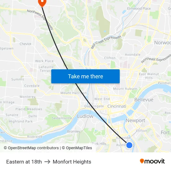 Eastern at 18th to Monfort Heights map