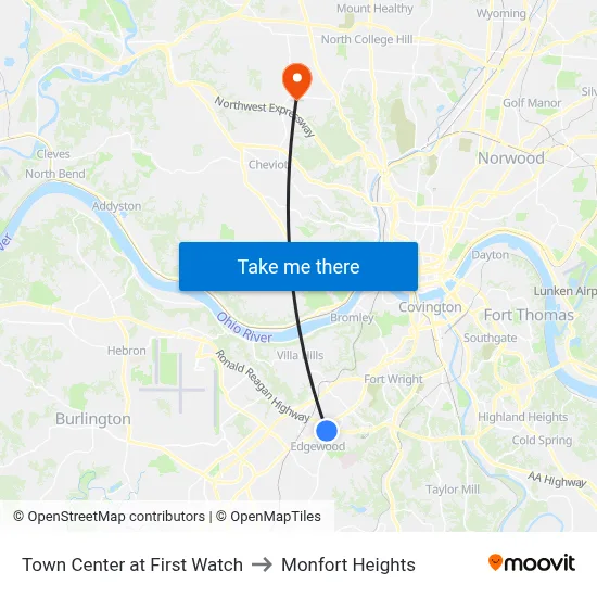 Town Center at First Watch to Monfort Heights map