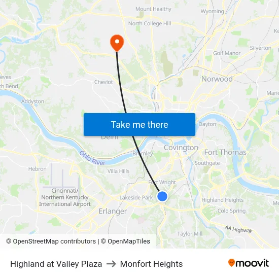Highland at Valley Plaza to Monfort Heights map