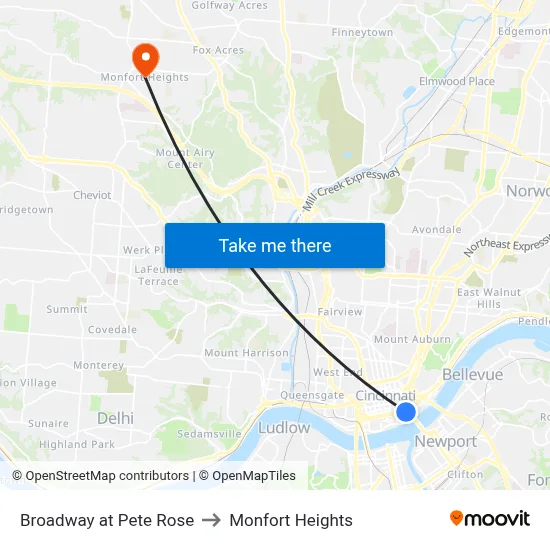 Broadway at Pete Rose to Monfort Heights map