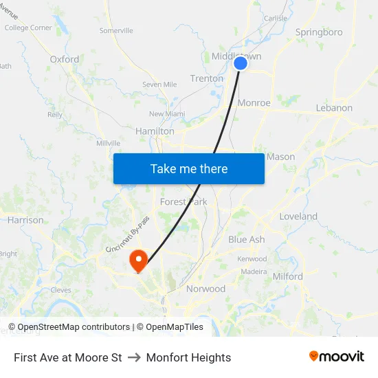 First Ave at Moore St to Monfort Heights map