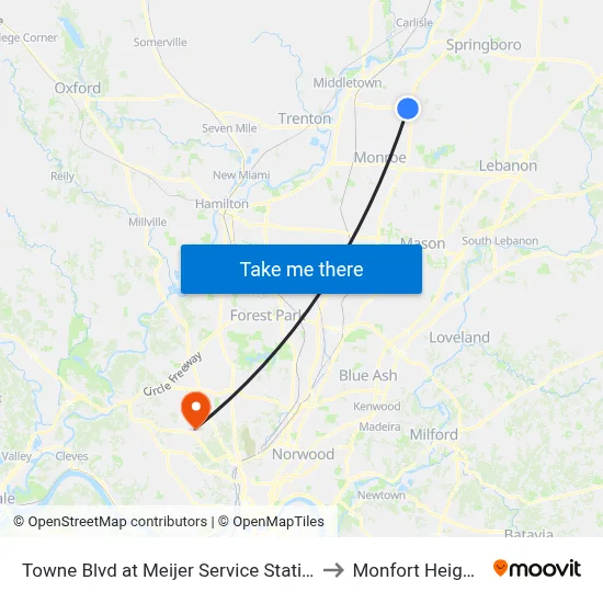 Towne Blvd at Meijer Service Station to Monfort Heights map