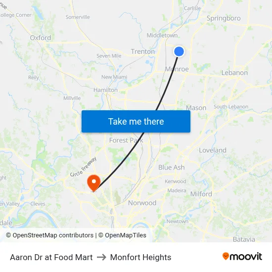 Aaron Dr at Food Mart to Monfort Heights map