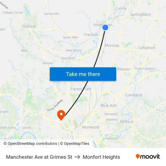 Manchester Ave at Grimes St to Monfort Heights map