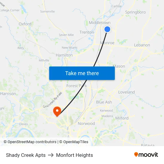 Shady Creek Apts to Monfort Heights map