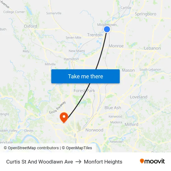 Curtis St And Woodlawn Ave to Monfort Heights map