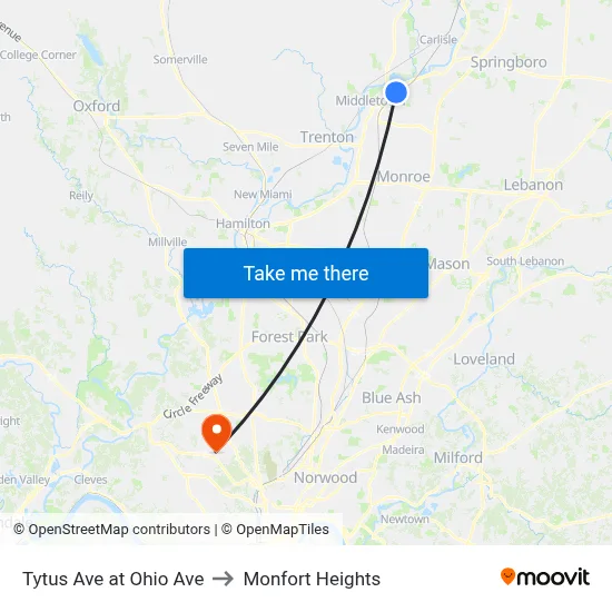 Tytus Ave at Ohio Ave to Monfort Heights map