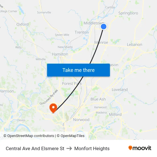 Central Ave And Elsmere St to Monfort Heights map