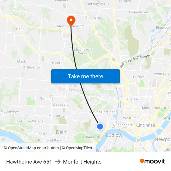 Hawthorne Ave 651 to Monfort Heights map