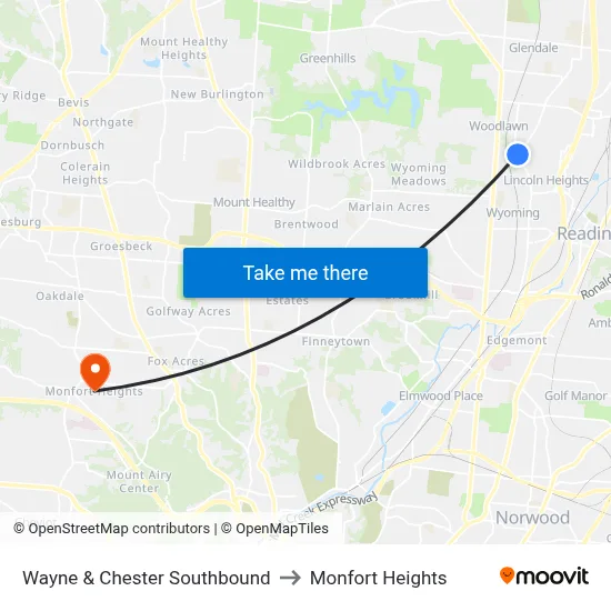 Wayne & Chester Southbound to Monfort Heights map