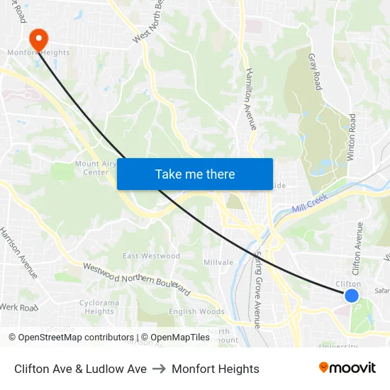 Clifton Ave & Ludlow Ave to Monfort Heights map