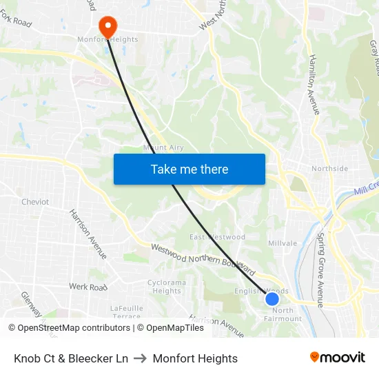 Knob Ct & Bleecker Ln to Monfort Heights map