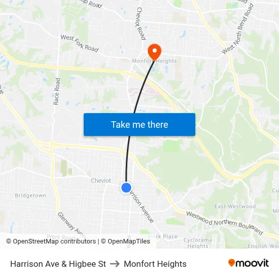 Harrison Ave & Higbee St to Monfort Heights map