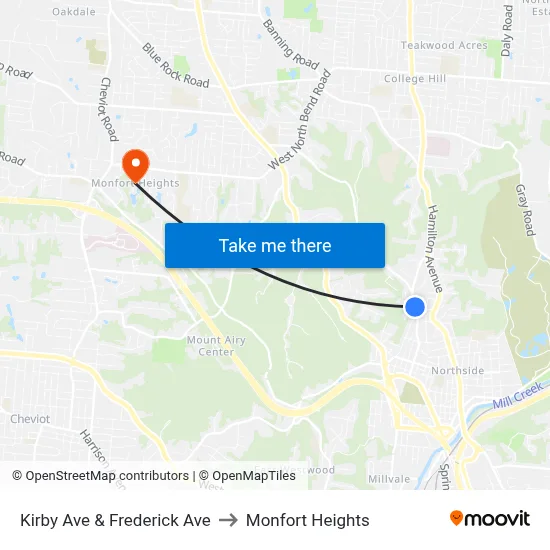 Kirby Ave & Frederick Ave to Monfort Heights map