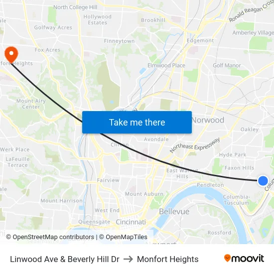 Linwood Ave & Beverly Hill Dr to Monfort Heights map