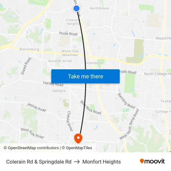 Colerain Rd & Springdale Rd to Monfort Heights map