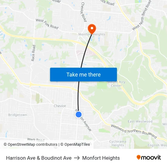 Harrison Ave & Boudinot Ave to Monfort Heights map