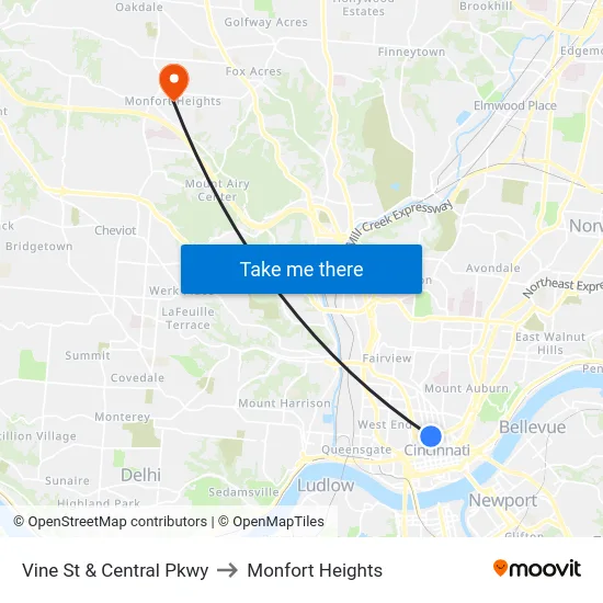 Vine St & Central Pkwy to Monfort Heights map