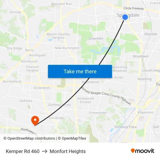 Kemper Rd 460 to Monfort Heights map