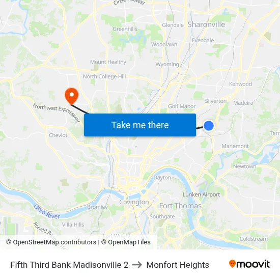 Fifth Third Bank Madisonville 2 to Monfort Heights map