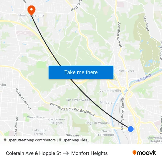 Colerain Ave & Hopple St to Monfort Heights map
