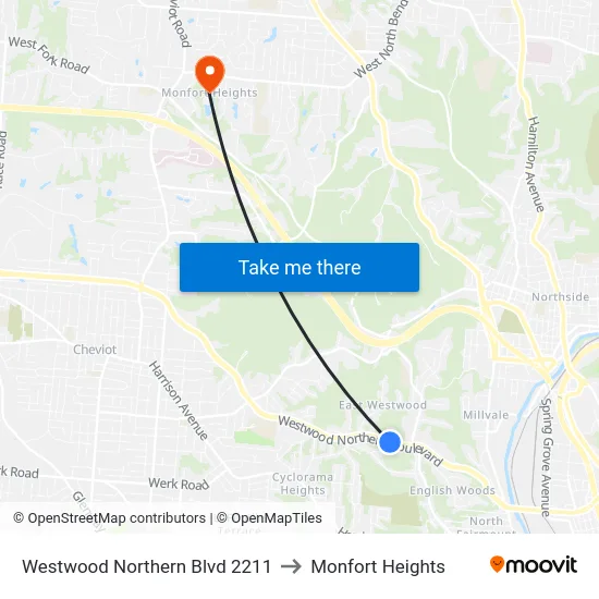 Westwood Northern Blvd 2211 to Monfort Heights map