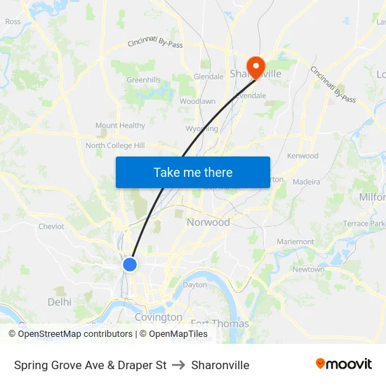Spring Grove Ave & Draper St to Sharonville map