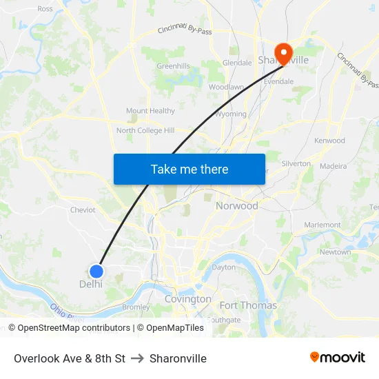 Overlook Ave & 8th St to Sharonville map